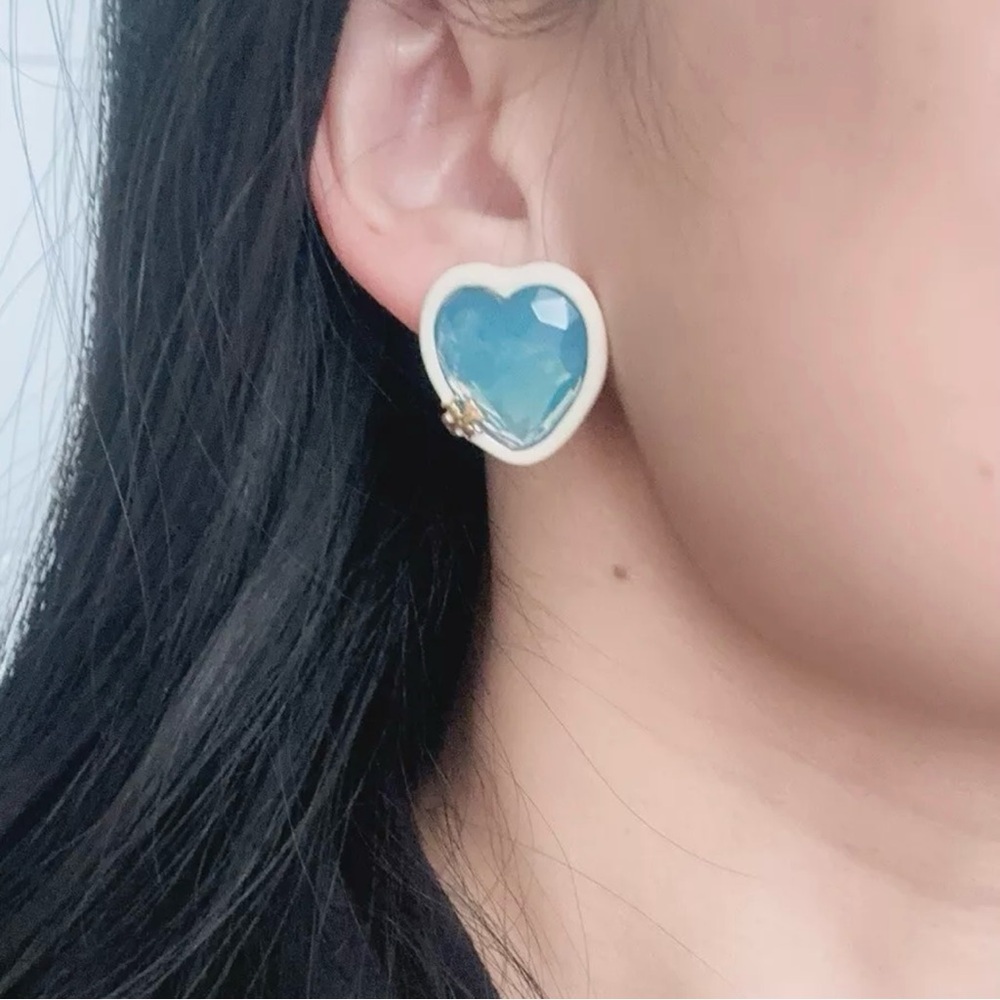 Tory Burch Blue Heart Stud Earrings with White Trim